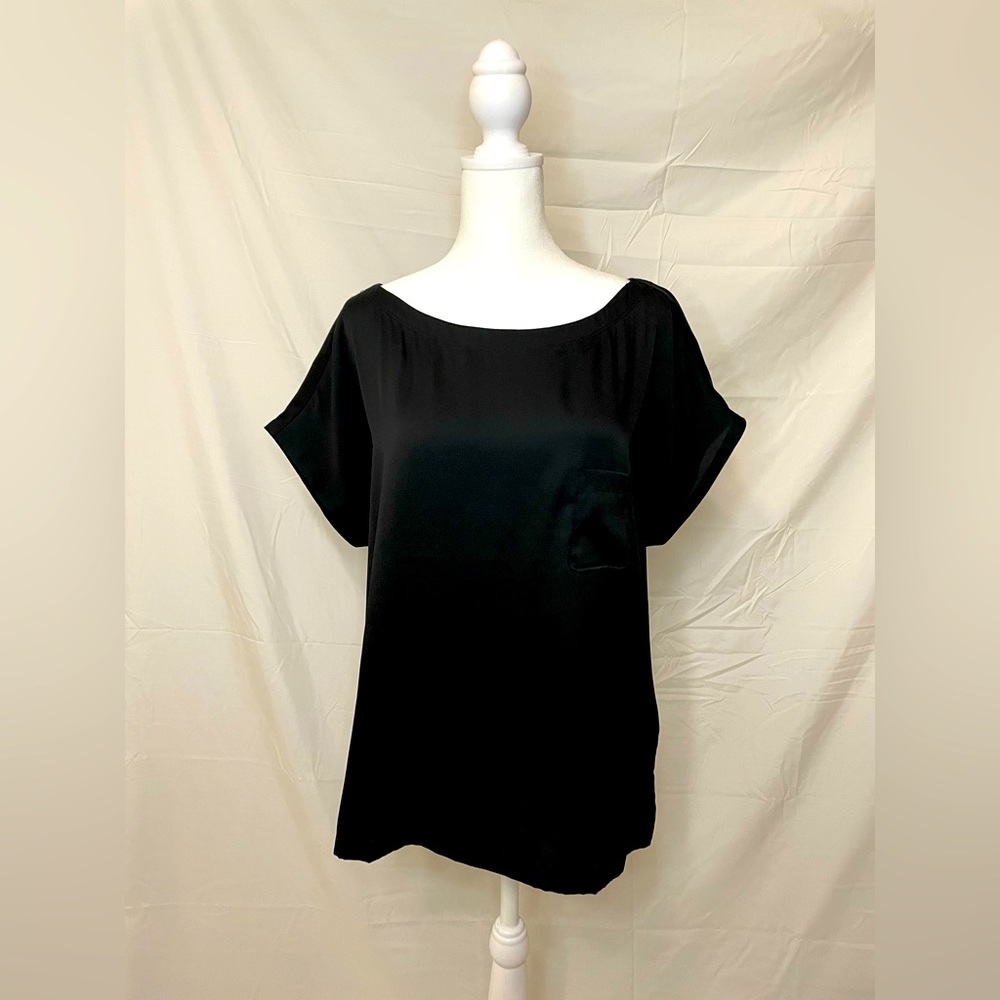 Ann Taylor LOFT semi-sheer black top with small pocket, size M, NWOT